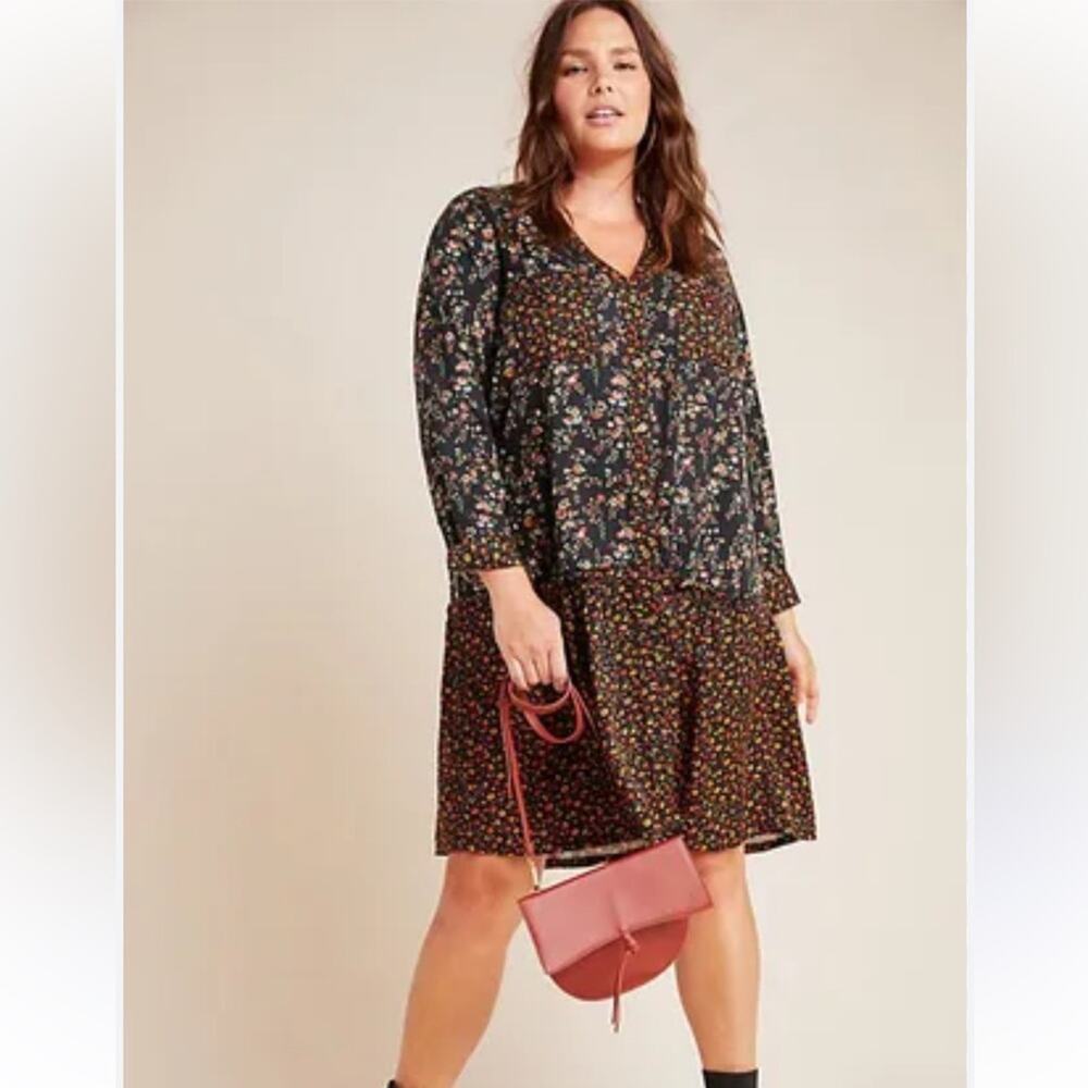 Maeve by Anthropologie Marlie Micro Floral Button up Chambray Tunic Dress 12